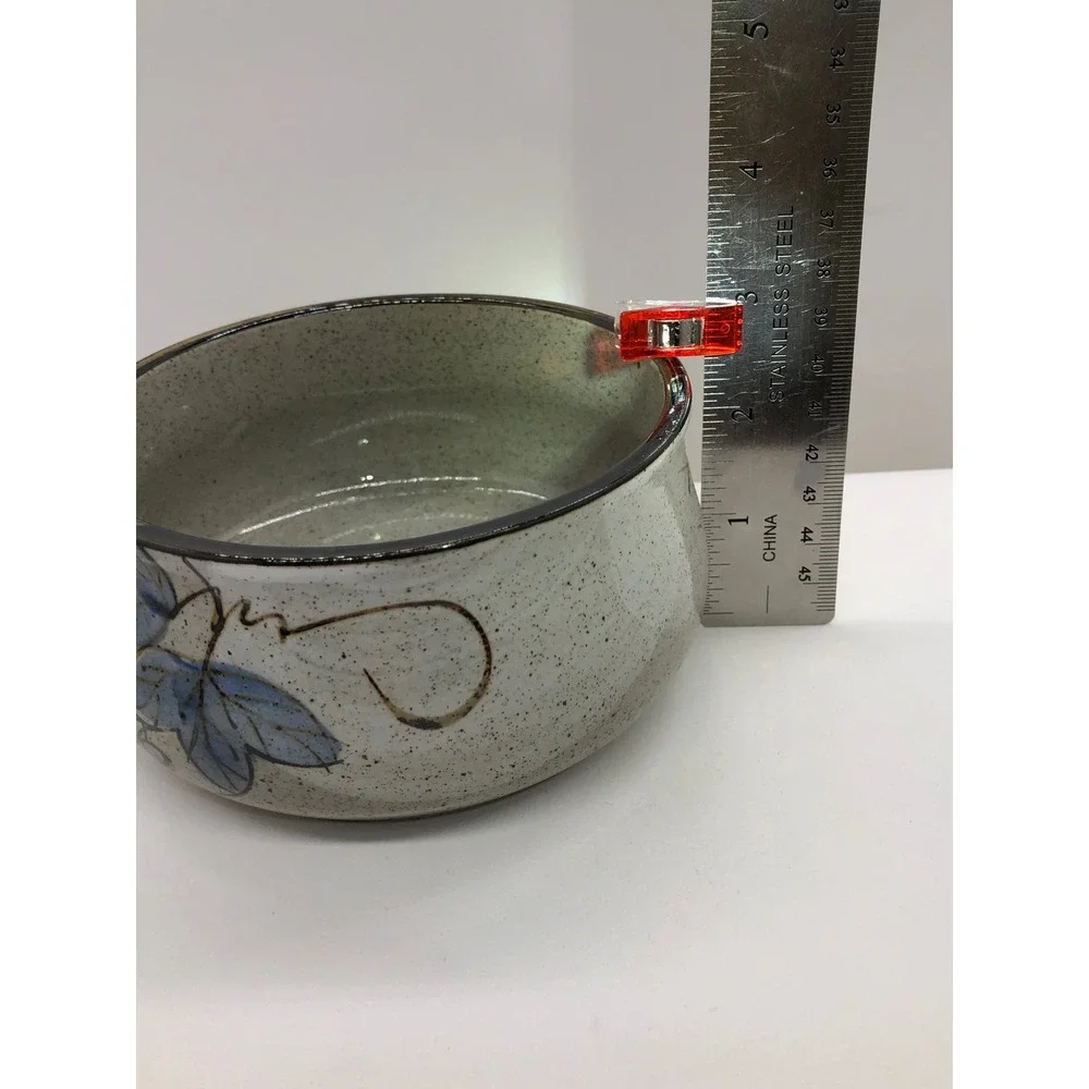 Artisan Stoneware Pottery Set‎ Blue Leaf Speckled Gray Divided Dish & Deep Bowl